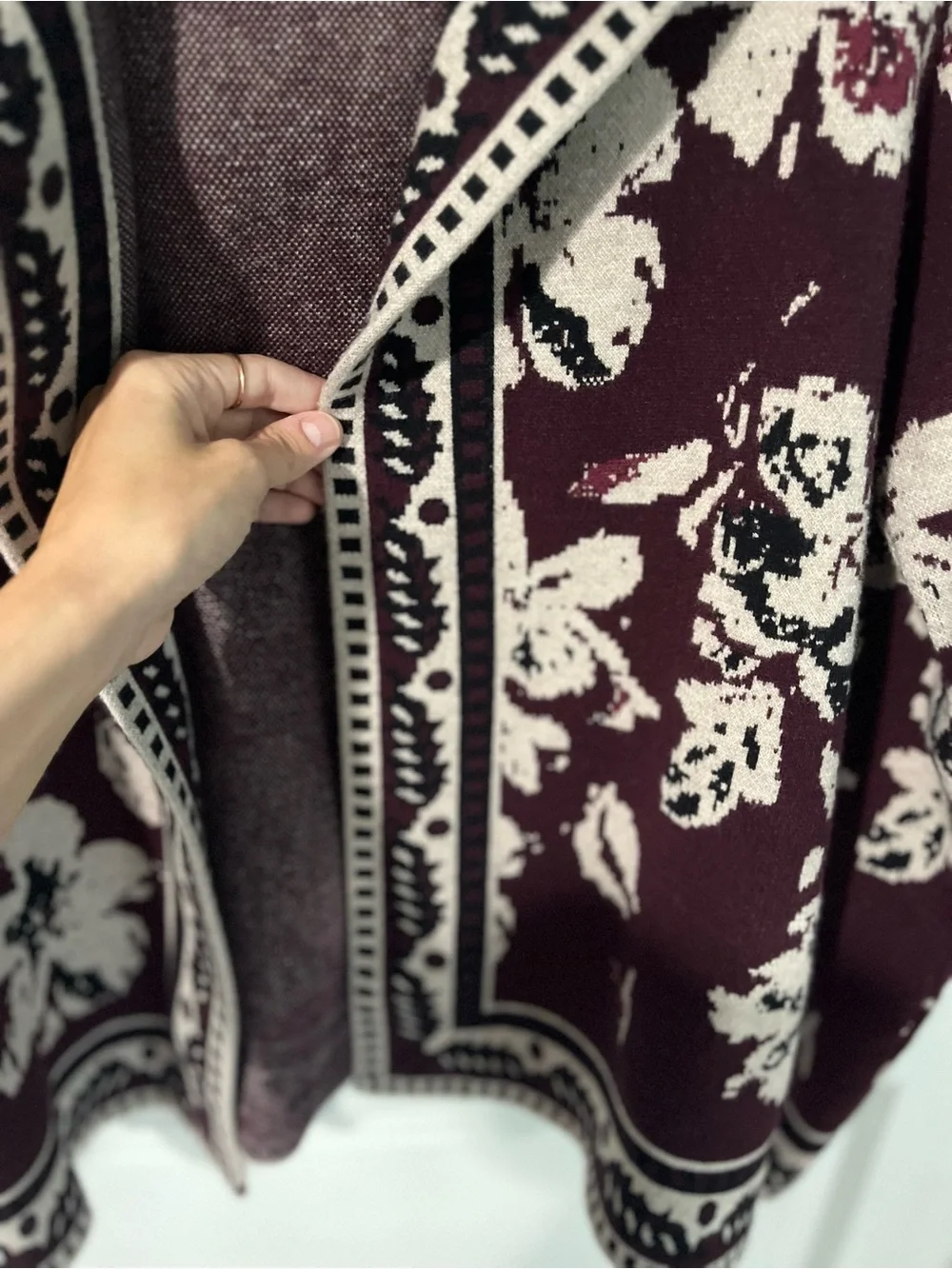 Rachel Zoe Wine and Cream Floral Hooded Cardigan, size xs